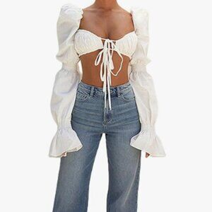Amazon Sexy Self Tie Front Ruched Puff Long Sleeve Crop Top Blouse White